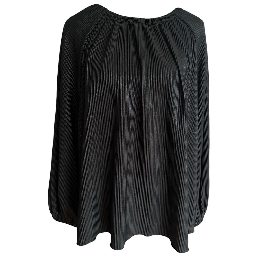 Ann Taylor Black Plisse Long Sleeve Blouse‎ Keyhole Back Size M Holiday Party